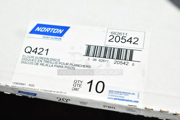 Alt text: Norton Screen-Bak Durite Q421 label on box, showing part number 20542 and quantity 10. Made in USA.
