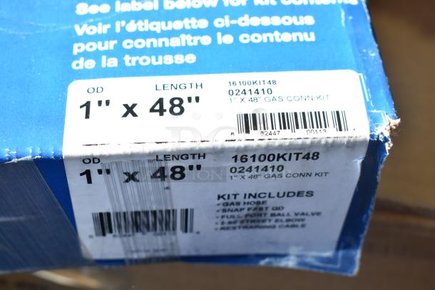 Brand new Dormont 16100KIT48 SnapFast Gas Connector Kit, 48" length, 1" diameter. Includes elbows, restraining cable. Box labeled.