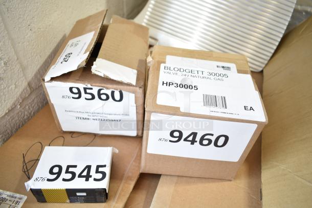 Three new scratch and dent items: Avantco A Plus 44712259417 temperature probe and Blodgett 30005 24V Nat Gas Valve in boxes.