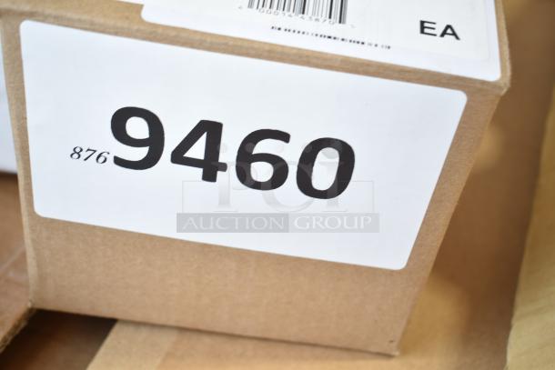 Cardboard box with label showing "9460 876" and barcode for auction items: Avantco A Plus temperature probe and Blodgett gas valve.