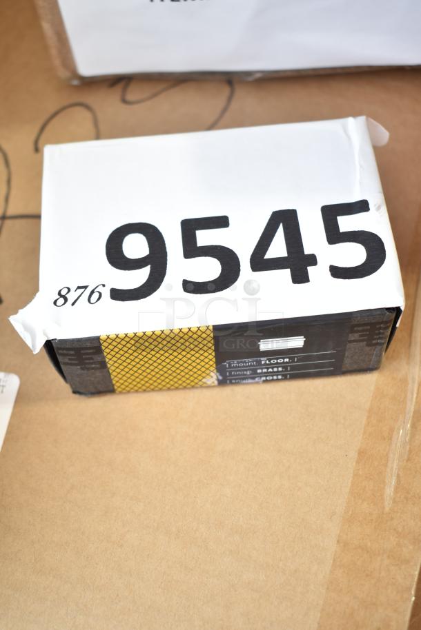 Box with label "9545" showing floor mount and brass finish details. Scratch and dent Avantco A Plus 44712259417 item included.