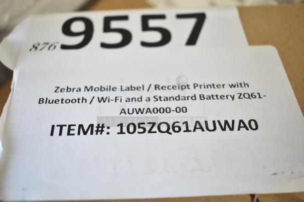 Zebra mobile label/receipt printer, Bluetooth/Wi-Fi, standard battery, model ZQ61-AUWA000-00. New, scratch and dent condition.