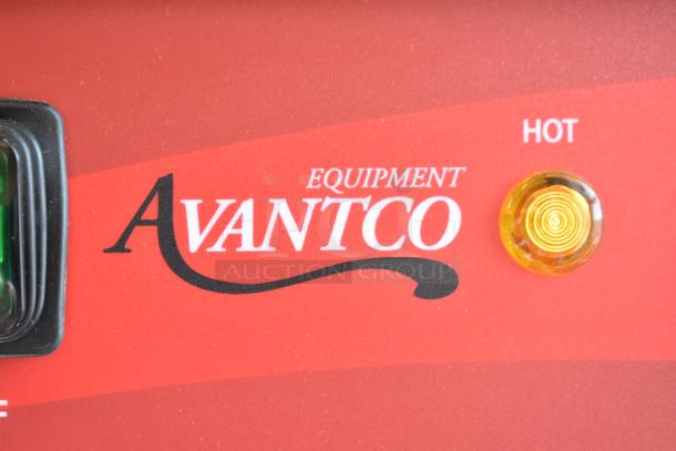 Avantco 177PG100S logo and hot indicator light on the commercial panini sandwich grill, brand new condition.