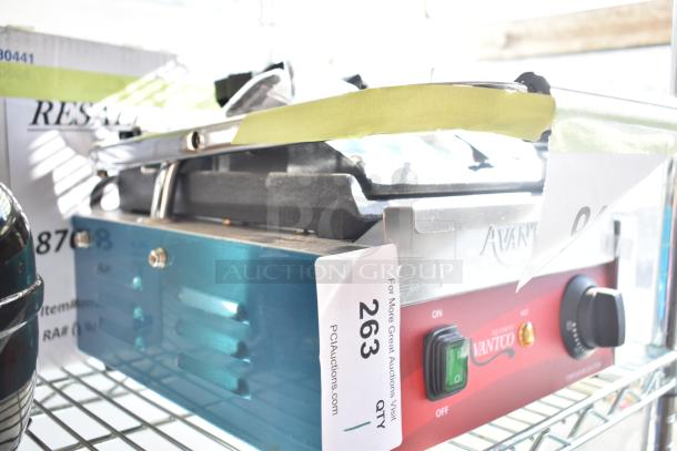 Brand new Avantco 177PG100S commercial panini grill, smooth plates, 8.5"x8.5" surface, 120V, minor scratches.