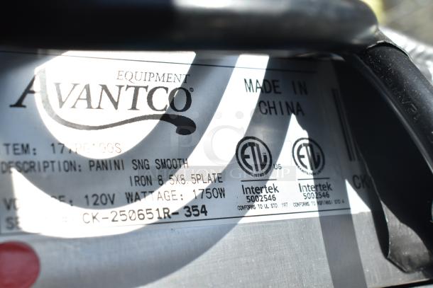 Avantco 177PG100S Panini Grill label, smooth plates, 8.5"x8.5" surface, 120V, 1750W, Made in China, ETL listed.
