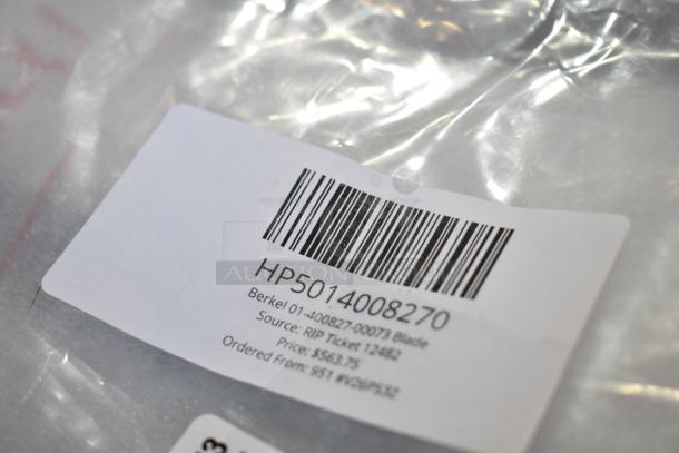 Box labeled "HP5014008270" containing Berkel 01-400827-00073 Blade, tags indicate price $563.75. Brand new, scratch and dent condition.