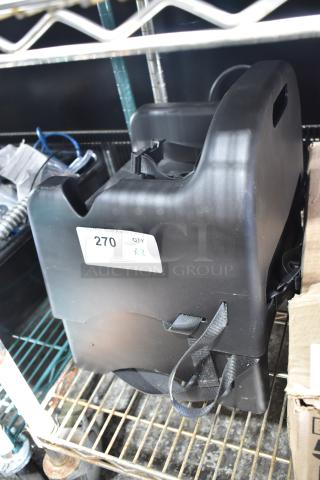 Brand new scratch and dent booster seat, black with label showing item 270, quantity 2. Sturdy and functional.