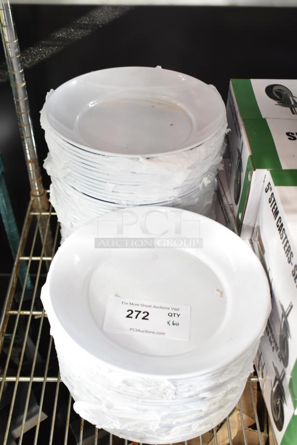 60 new 32 oz. GET CS-6107-W White Siciliano Bowls with minor scratches. Stack of bowls on metal shelf, item label visible.