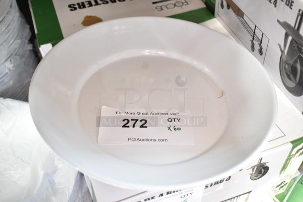 60 new scratch and dent GET CS-6107-W 32 oz. white bowls. Auction tag indicates lot quantity x60.