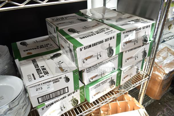 Box of 4 Focus 5" Stem Casters, set of 8, new condition with slight box damage, labeled "5 Stem Casters - Set of 4."
