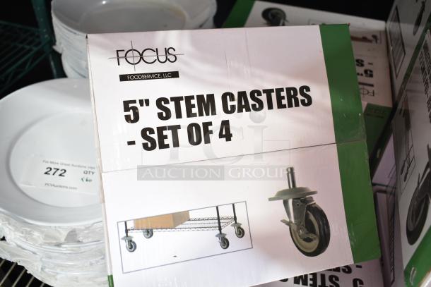 Box of 4 Focus 5" stem casters, new, labeled "Scratch and Dent," showing caster images and usage diagram.