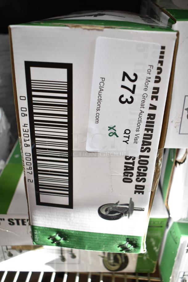 Box of 4 Focus 5" stem casters, brand new with minor box damage, auction label indicating "277" and "x6".