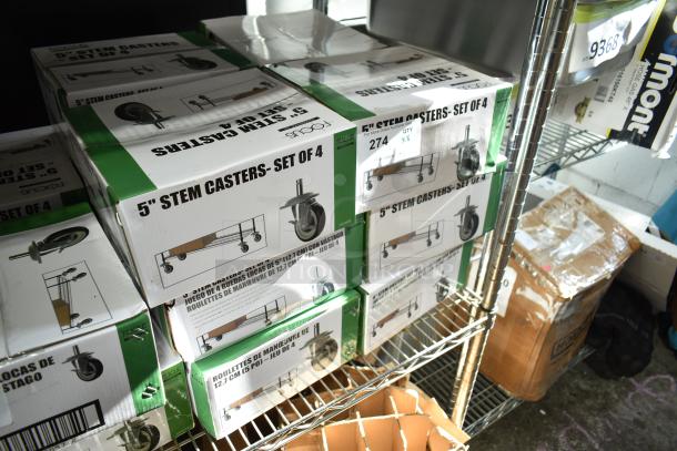 8 boxes of Focus 5" stem casters, each set of 4, brand new, scratch and dent condition, on metal shelving.