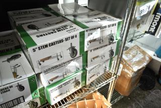 8 boxes of Focus 5" stem casters, each set of 4, brand new, scratch and dent condition, on metal shelving.