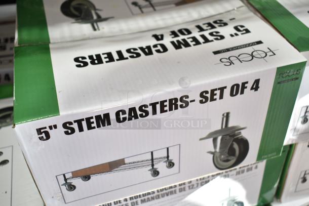 Box of 4 Focus 5" Stem Casters, new condition, scratch and dent, includes image of casters.