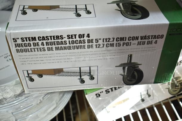 Box of 4 Focus 5" Stem Casters, heavy-duty polyurethane, non-marking, each with 300 lb capacity. New condition, minor scratches.