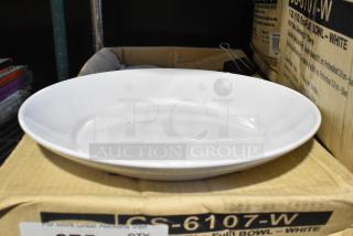 Box of 12 brand new, scratch and dent, GET CS-6107-W 32 oz. white Siciliano bowls displayed.