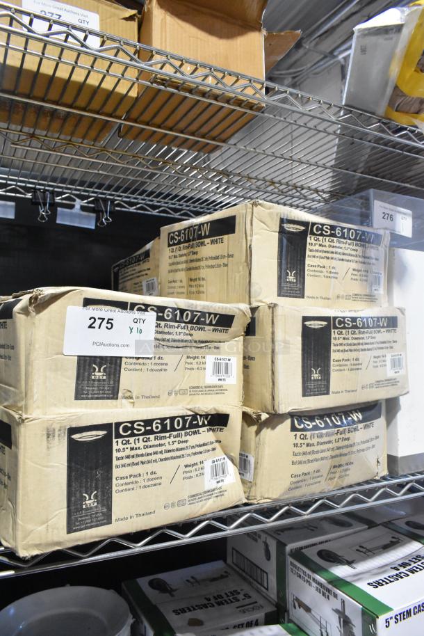 Boxes of 12 GET CS-6107-W 32 oz. White Siciliano Bowls, brand new, scratch and dent, labeled with item details.