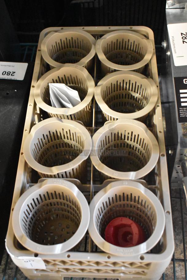 Tan poly silverware bin with eight circular compartments, perforated design, and durable construction. Model 1170 marked.