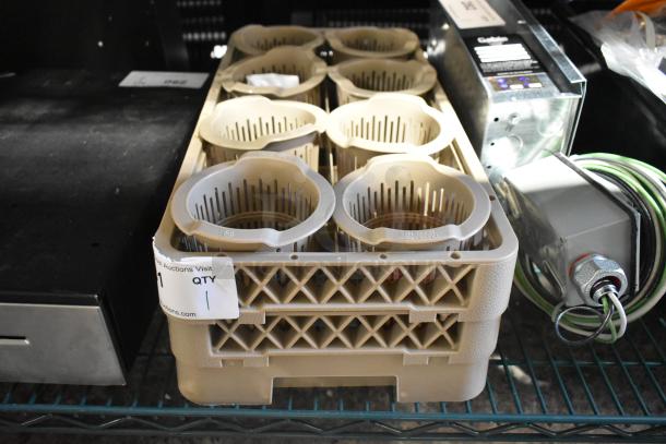 Tan Poly silverware bin with multiple compartments, used condition. Label shows quantity and website URL.