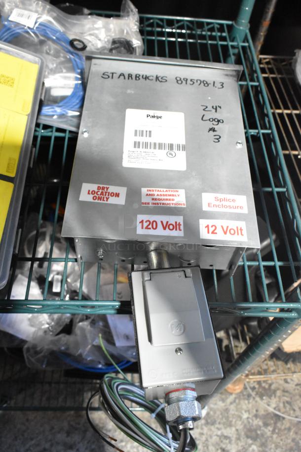 Paige 980054C LED Power Supply Box, labeled 120 Volt and 12 Volt, with "Dry Location Only" and "Installation Required" stickers.