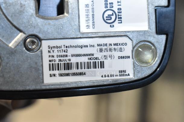 Label on Symbol Technologies Barcode Scanner, Model DS9208, P/N DS9208-SR00004NNWW, MFD 28JUL19, 4.5-5.5V, 500mA.