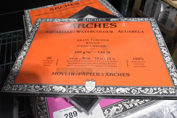 Arches watercolor paper pad, 300 gsm, 26x36 cm, 100% cotton, 20 sheets, rough grain. Tags detail specifications.