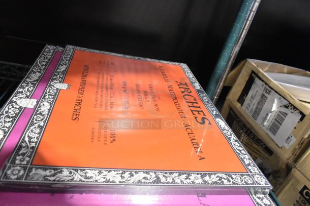 Arches watercolor paper pads, rough texture, 300 gsm, 12x16 inch, 100% cotton, sealed condition, decorative border.