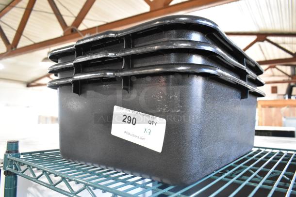 Three black poly bus bins stacked, showing sturdy construction. Label indicates lot number 290, quantity x3.