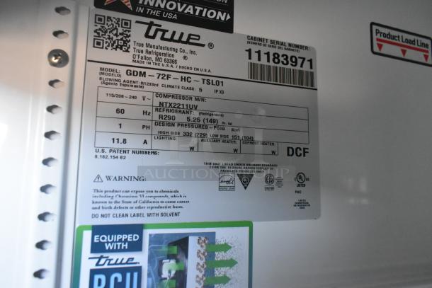 True GDM-72F-HC freezer label showing model, power, compressor, and refrigerant details. Serial 11183971.