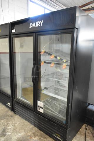 2019 True GDM-49-HC two-door commercial reach-in cooler, 115V, good condition, labeled for dairy products.