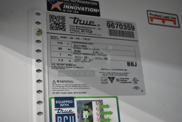 2019 True GDM-49-HC cooler label with model, voltage, refrigerant info; 115V, 1 phase, R290 refrigerant.