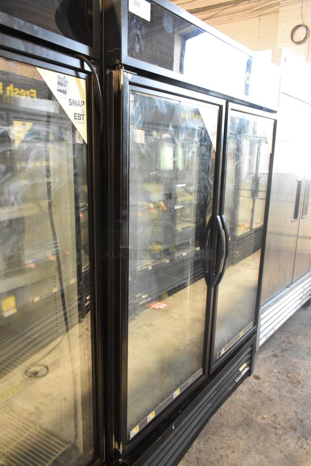 2019 True GDM-49F-HC 2 Door Reach-In Cooler, black frame, glass doors, commercial grade, 115V, 1 phase, excellent condition.