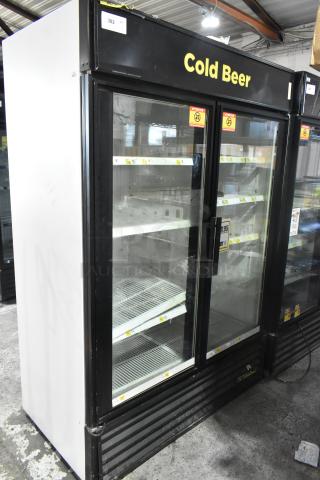True GDM-49 commercial 2-door cooler, black and white finish, glass doors, shelves, "Cold Beer" signage, 115 volts, 1 phase.