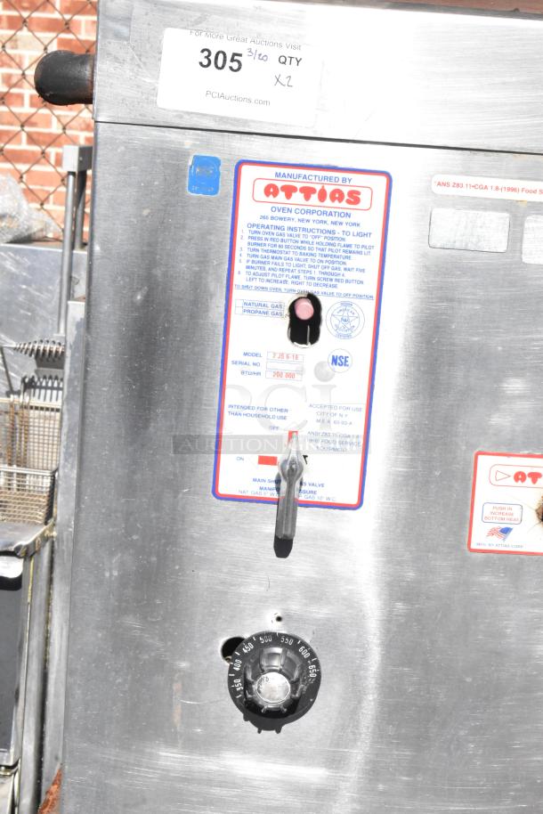 Attias 2 JS 6-18 commercial gas pizza oven, 200,000 BTU, single deck, model number visible, sturdy metal construction.