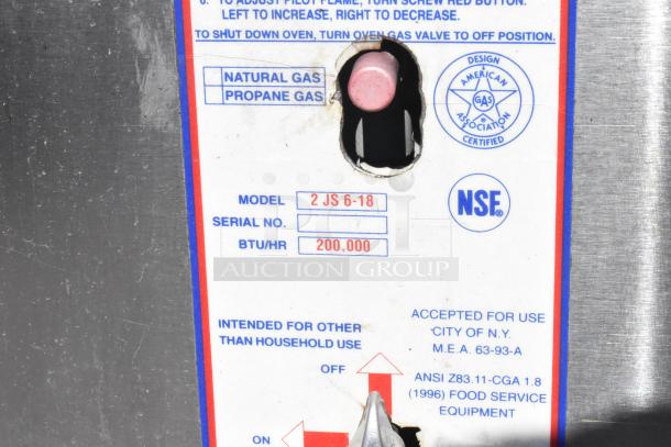 Attias 2 JS 6-18 Commercial Pizza Oven label showing 200,000 BTU rating and gas options for natural or propane gas.