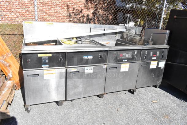 Giles EOF-24 stainless steel 3-bay commercial electric fryer with EOF-BIB dumping station, 480V, 3-phase.