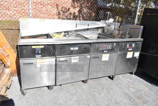 Giles EOF-24 stainless steel 3-bay commercial electric fryer with EOF-BIB dumping station, 480V, 3-phase.