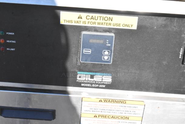 Giles EOF-24 Stainless Steel 3 Bay Fryer with Giles EOF-BIB Dumping Station, 480V, 3 Phase. "This Vat is for Water Use Only" label.