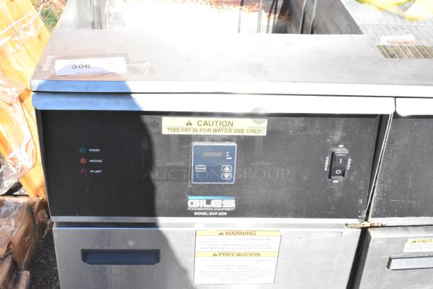 Giles EOF-24 Stainless Steel 3 Bay Fryer with EOF-BIB Dumping Station, model EOF-24. Features labels indicating water-only usage. 480V, 3 Phase.