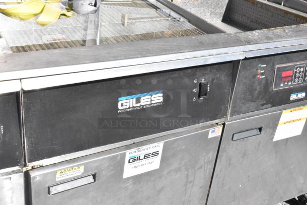 Giles EOF-24 3-bay fryer with EOF-BIB station, stainless steel, 480V, 3-phase. Shows control panel and brand labels.