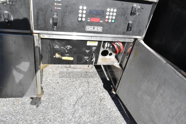 Giles EOF-24 stainless steel 3-bay fryer with EOF-BIB dumping station, 480V, 3-phase, controls and labels visible.