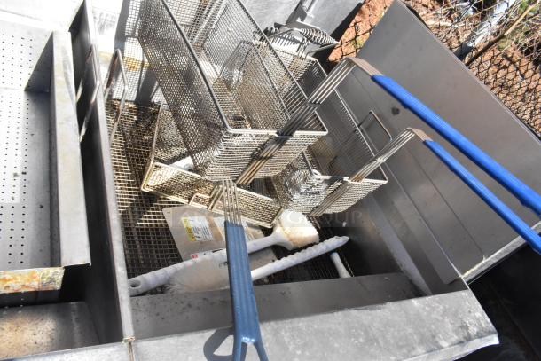 Giles EOF-24 Stainless Steel 3 Bay Fryer with Dumping Station, electric-powered, 480V, 3-phase, includes baskets.