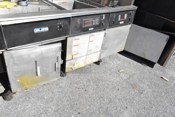 Giles EOF-24 stainless steel 3 bay fryer with EOF-BIB dumping station. Used, visible wear, 480V, 3 phase.
