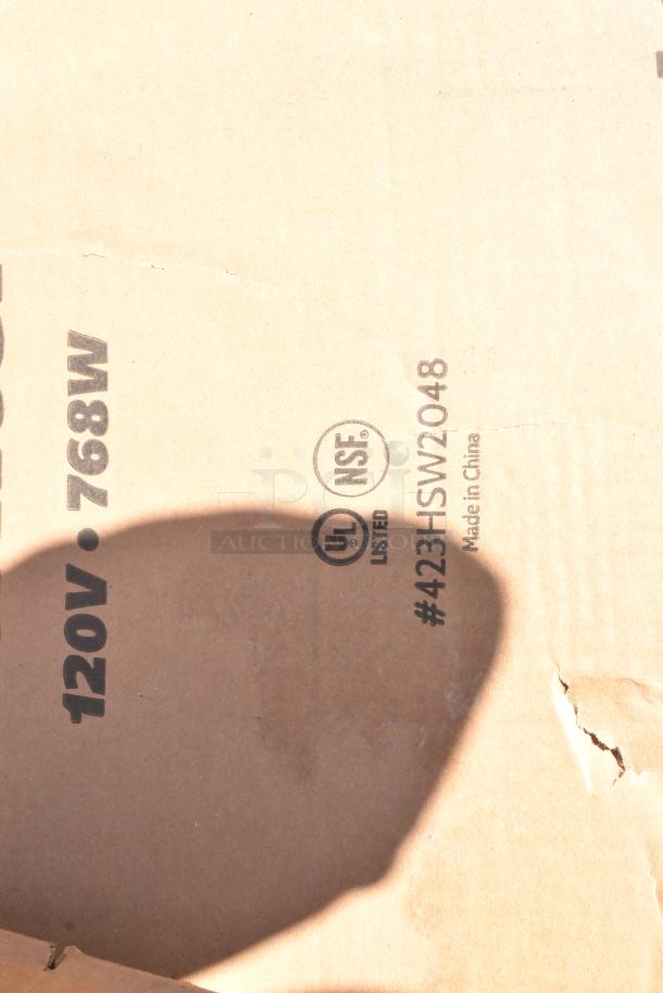 Cardboard box with markings: UL Listed, NSF, 120V, #423HSW2048, Made in China. Box slightly damaged, shadow visible.
