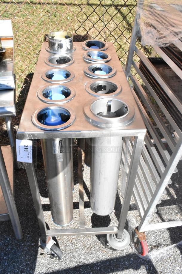 10 Well Cup Dispenser Cart with commercial casters, stainless steel, holds 10 cups, good condition, label showing lot number.