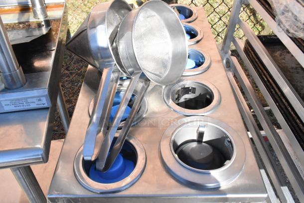 10 Well Cup Dispenser Cart with commercial casters, features stainless steel design, includes multiple sieves and funnels.