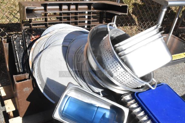 ALL ONE MONEY! PALLET LOT includes poly and stainless steel drop-in bins, colanders; various conditions.