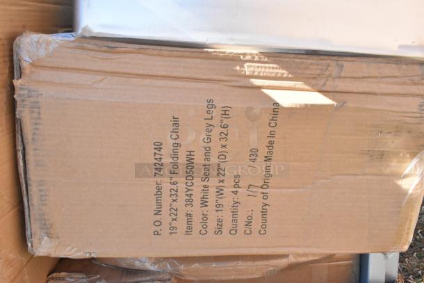 Cardboard box labeled "19"x22"x32.6" Folding Chair." Contains 4 pieces, white seat, grey legs, made in China. Box is slightly damaged.