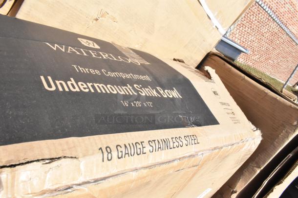 Box labeled "Waterloo Three Compartment Undermount Sink Bowl" with dimensions 16" x 20" x 12", 18 gauge stainless steel.